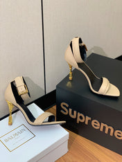 BALMAIN 25S SQUARE STRAP HIGH HEELS 100MM IN BEIGE GRAY CALFSKIN