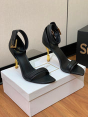 BALMAIN 25S SQUARE STRAP HIGH HEELS 100MM IN BLACK CALFSKIN