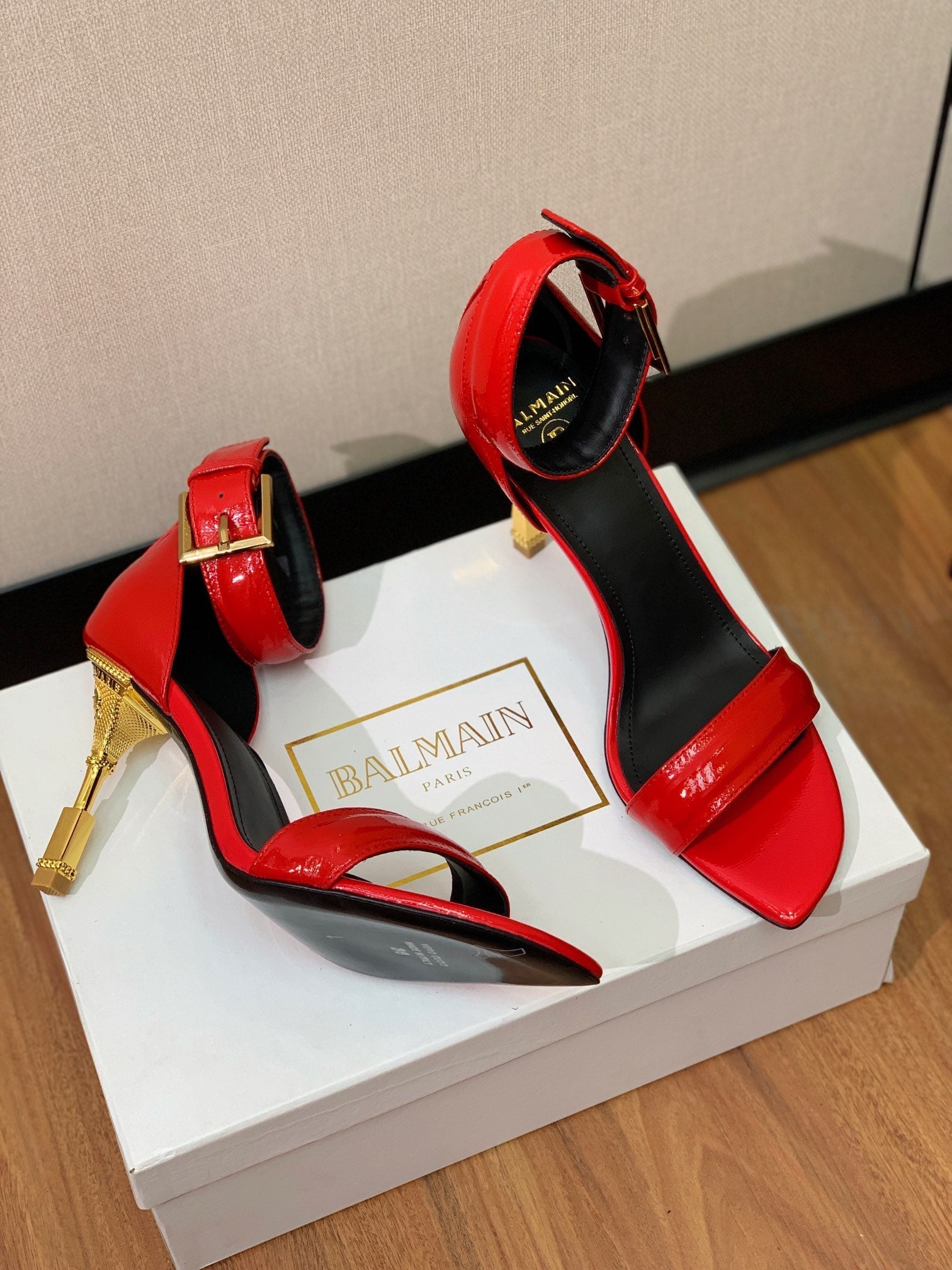 BALMAIN 26S METAL-HEEL SANDALS 105 MM IN RED CALFSKIN