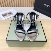 CRYSTAL PADLOCK HIGH HEEL 10 CM SANDAL IN SILVER SHEEPSKIN