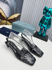 PRADA 26S SLINGBACK PUMPS 40MM IN BLACK CALFSKIN CRYSTAL EMBELLISHED