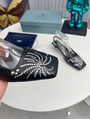 PRADA 26S SLINGBACK PUMPS 40MM IN BLACK CALFSKIN CRYSTAL EMBELLISHED