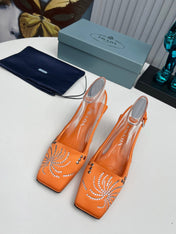 PRADA 26S SLINGBACK PUMPS 40MM IN ORANGE SATIN CRYSTAL EMBELLISHED