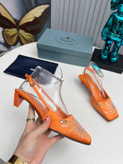 PRADA 26S SLINGBACK PUMPS 40MM IN ORANGE SATIN CRYSTAL EMBELLISHED
