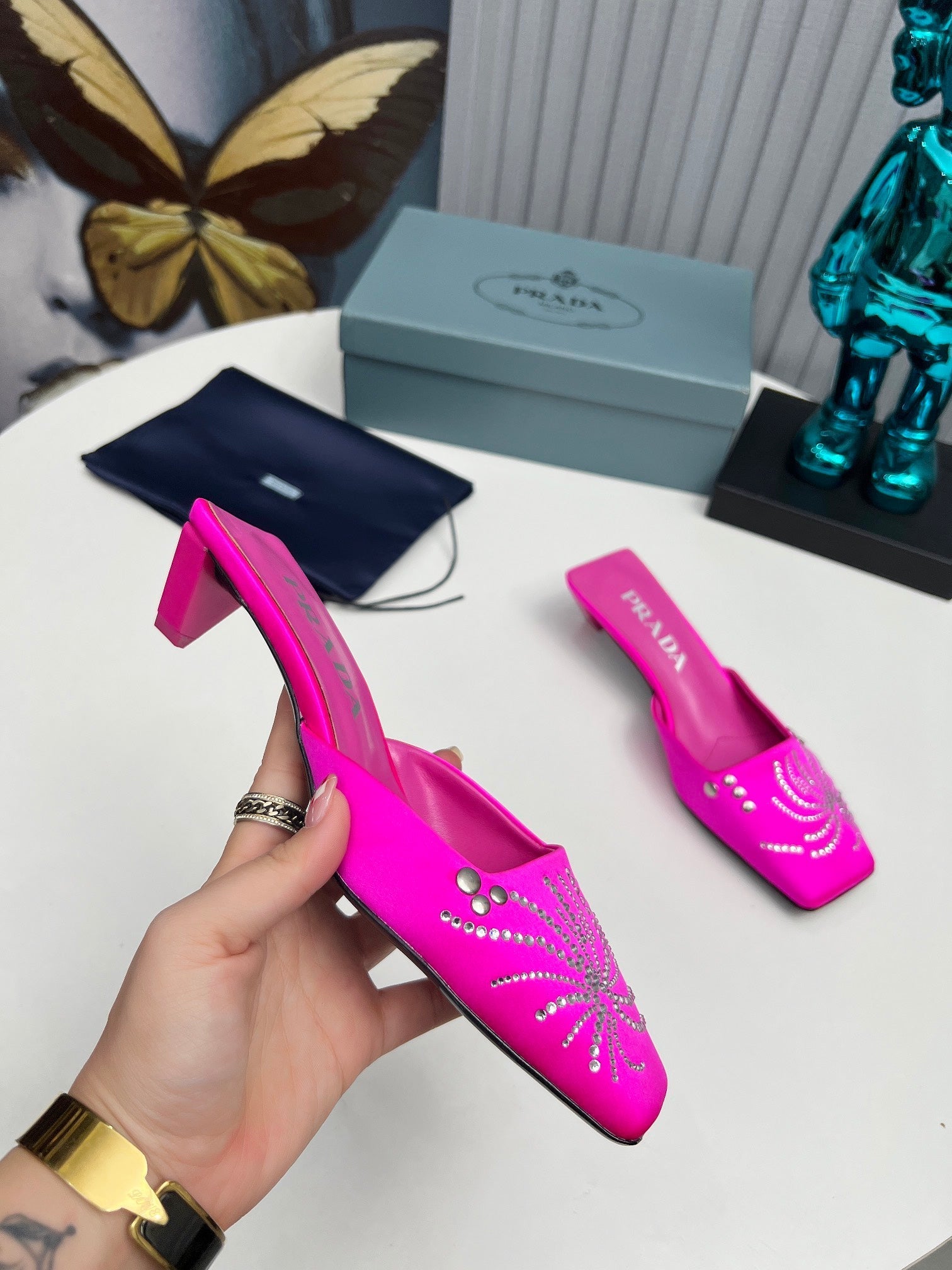 PRADA 26S MULE 40MM IN FUCHSIA PINK SATIN CRYSTAL EMBELLISHED