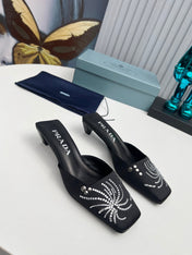 PRADA 26S MULE 40MM IN BLACK SATIN CRYSTAL EMBELLISHED
