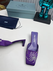 PRADA 26S MULE 40MM IN PURPLE SATIN CRYSTAL EMBELLISHED
