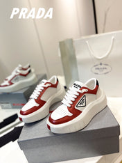PRA DOWNTOWN THICK-SOLE SNEAKERS WHITE AND CHERRY CALFSKIN