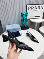 PRADA 26S POINTED TOE SLINGBACK 40MM IN BLACK CALFSKIN CRYSTAL EMBELLISHED