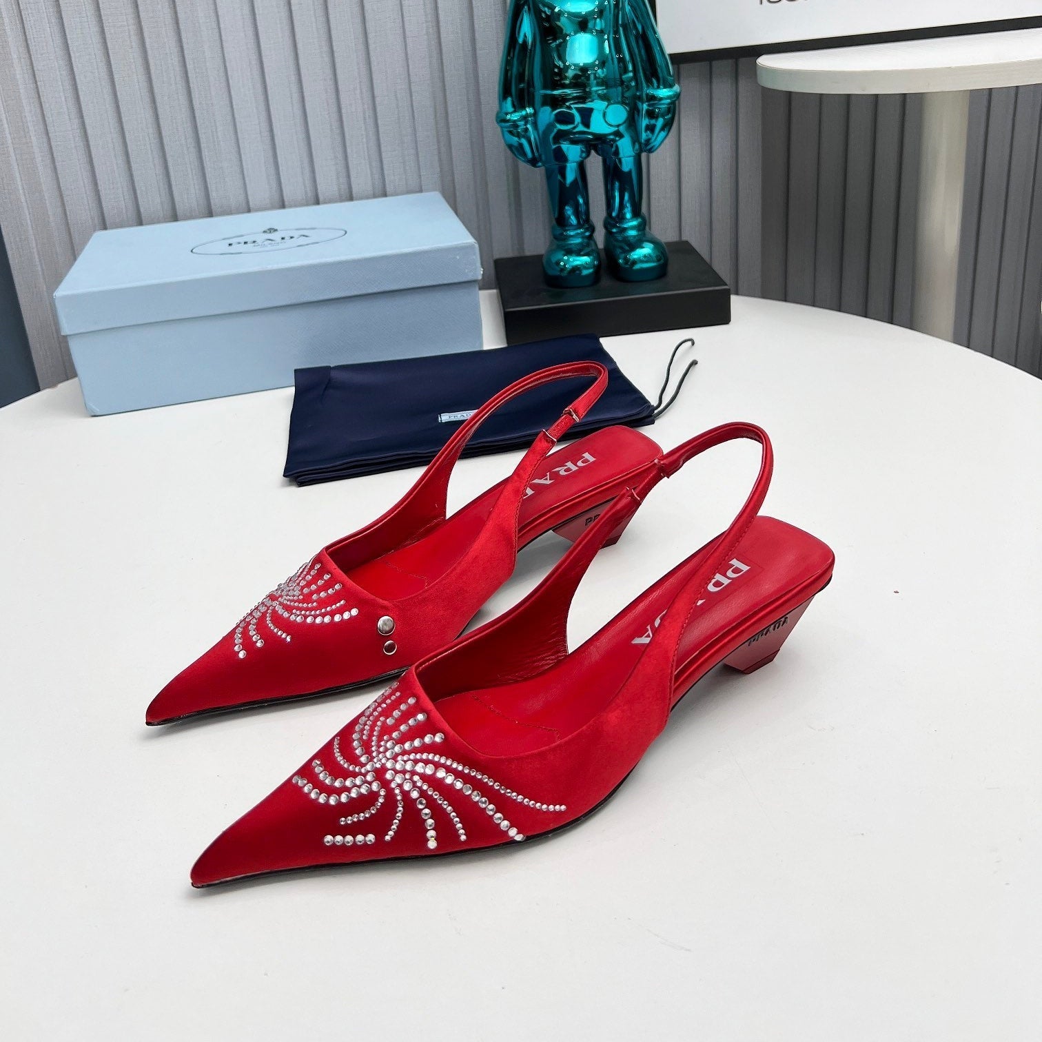 PRADA 26S POINTED TOE SLINGBACK 40MM IN DARK RED SATIN CRYSTAL EMBELLISHED