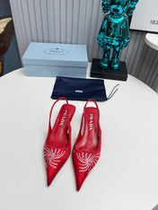 PRADA 26S POINTED TOE SLINGBACK 40MM IN DARK RED SATIN CRYSTAL EMBELLISHED