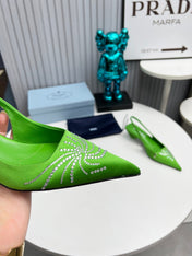 PRADA 26S POINTED TOE SLINGBACK 40MM IN APPLE GREEN SATIN CRYSTAL EMBELLISHED
