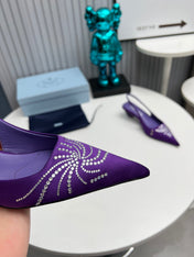 PRADA 26S POINTED TOE SLINGBACK 40MM IN PURPLE SATIN CRYSTAL EMBELLISHED