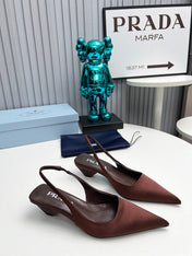 PRADA 26S POINTED TOE SLINGBACK 40MM IN DARK BROWN SATIN