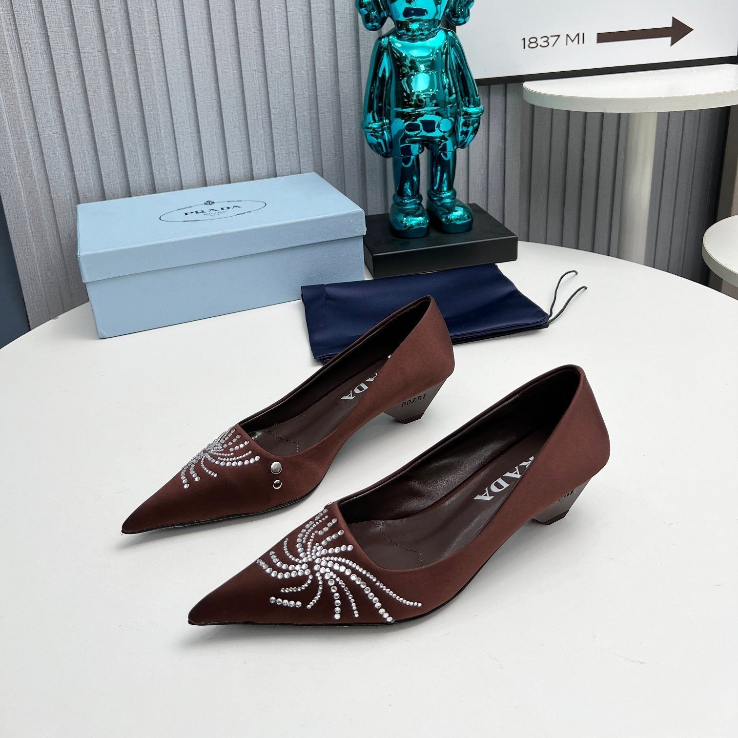 PRADA 26S POINTED TOE PUMPS 40MM IN DARK BROWN SATIN CRYSTAL EMBELLISHED
