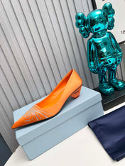 PRADA 26S POINTED TOE PUMPS 40MM IN ORANGE SATIN CRYSTAL EMBELLISHED