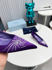 PRADA 26S POINTED TOE PUMPS 40MM IN PURPLE SATIN CRYSTAL EMBELLISHED