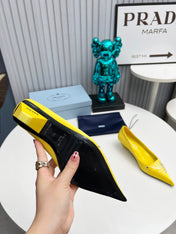 PRADA 26S POINTED TOE PUMPS 40MM IN YELLOW SATIN CRYSTAL EMBELLISHED
