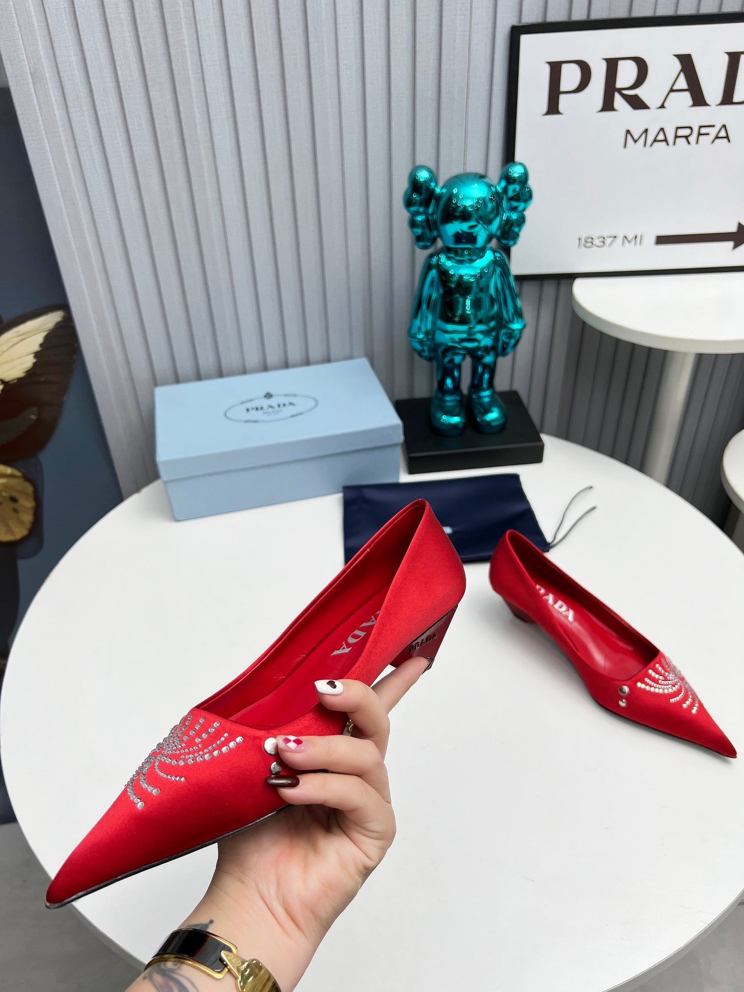 PRADA 26S POINTED TOE PUMPS 40MM IN RED SATIN CRYSTAL EMBELLISHED