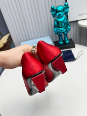 PRADA 26S POINTED TOE PUMPS 40MM IN RED SATIN
