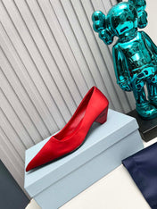PRADA 26S POINTED TOE PUMPS 40MM IN RED SATIN