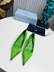 PRADA 26S POINTED TOE PUMPS 40MM IN APPLE GREEN SATIN