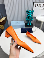 PRADA 26S POINTED TOE PUMPS 40MM IN ORANGE SATIN