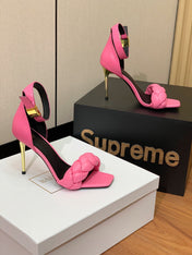 BALMAIN 26S BRAIDED-STRAP HIGH-HEEL SANDALS 95 MM IN PINK CALFSKIN