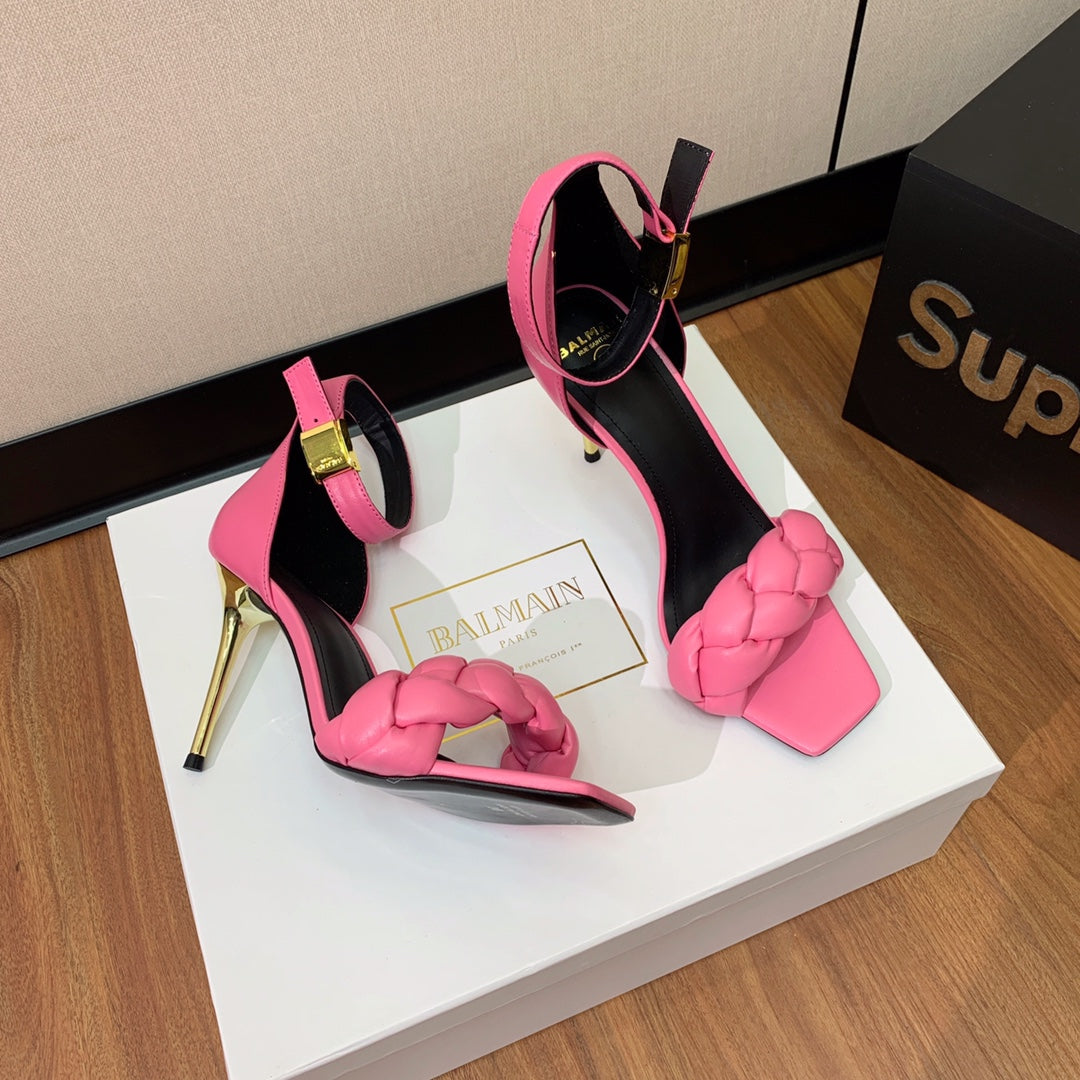 BALMAIN 26S BRAIDED-STRAP HIGH-HEEL SANDALS 95 MM IN PINK CALFSKIN