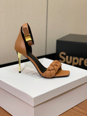 BALMAIN 26S BRAIDED-STRAP HIGH-HEEL SANDALS 95 MM IN BROWN CALFSKIN