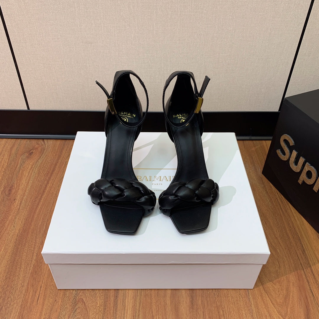 BALMAIN 26S BRAIDED-STRAP HIGH-HEEL SANDALS 95 MM IN BLACK CALFSKIN