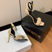 BALMAIN 26S BRAIDED-STRAP HIGH-HEEL SANDALS 95 MM IN BEIGE CALFSKIN