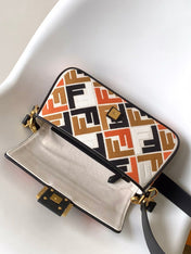 Fend Baguette Black White Brown Orange Canvas Bag 27 with FF Embroidery Ghw