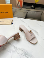 LV 26S CAPRI HIGH-HEELED MULES IN DARK BEIGE CALFSKIN