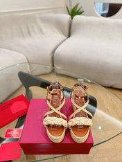 GARAVANI ROCKSTUD WEDGE SANDALS IN BRONZE BROWN CALFSKIN AND BEIGE RAFFIA