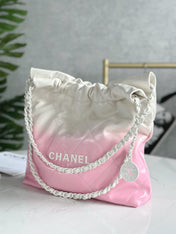 CHANEL 22 BAG 25S 42 CM IN PASTEL PINK MIX WHITE LAMBSKIN WITH WHITE HARDWARE