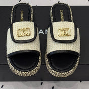 Double CC Women New Trendy Calfskin Slippers White Black