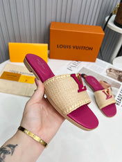 LV 26S FLAT SLIDES IN PINK CALFSKIN AND BEIGE RAFFIA