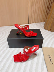 ALAIA TWO-STRAPS HIGH HEEL SANDALS IN CHERRY RED PATENT LAMBSKIN