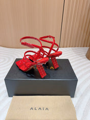 ALAIA THREE-STRAPS HIGH HEEL SANDALS IN CHERRY RED PATENT LAMBSKIN