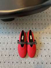 ALAIA MARY JANE SHOES IN CHERRY RED ZP CUSTOM STRAW AND DENIM