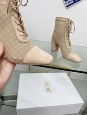 NAUGHTILY-D HEELED ANKLE BOOT IN BISQUE BEIGE EMBROIDERED MESH AND SUEDE 8 CM