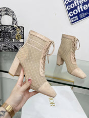 NAUGHTILY-D HEELED ANKLE BOOT IN BISQUE BEIGE EMBROIDERED MESH AND SUEDE 8 CM