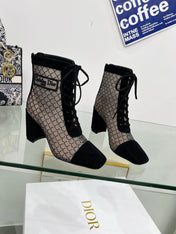NAUGHTILY-D HEELED ANKLE BOOT IN BLACK EMBROIDERED MESH AND SUEDE 8 CM