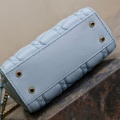 MINI LADY BAG 17 IN BABY BLUE QUILTED MACROCANNAGE CALFSKIN GREEN STRAP