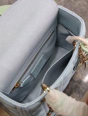 MEDIUM LADY BAG 20 IN BABY BLUE QUILTED MACROCANNAGE CALFSKIN GREEN STRAP