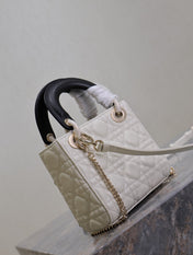 MINI LADY BAG 17 IN WHITE QUILTED MACROCANNAGE CALFSKIN BLACK STRAP