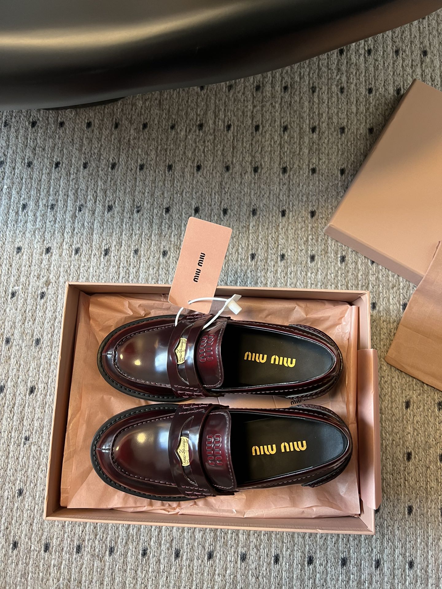 MIUMIU 26S LOAFERS 60MM IN BURGUNDY BROWN SHINY CALFSKIN