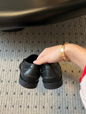 MIUMIU 26S PENNY LOAFERS IN BLACK CALFSKIN GOLD HARDWARE