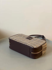 BEAU TOP HANDLE BAG 34 IN BEIGE TARTAN AND COCOA BROWN LEATHER TRIM